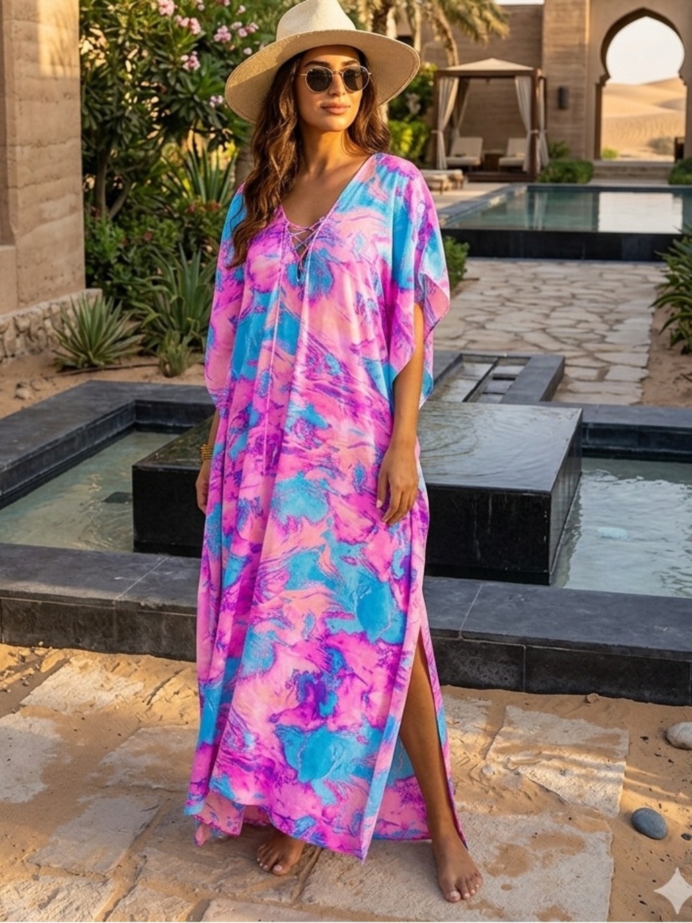 BUDDY LOVE TORTOLLA CAFTAN MAXI
DRESS Pink & Blue Marble Swim Caftan Large